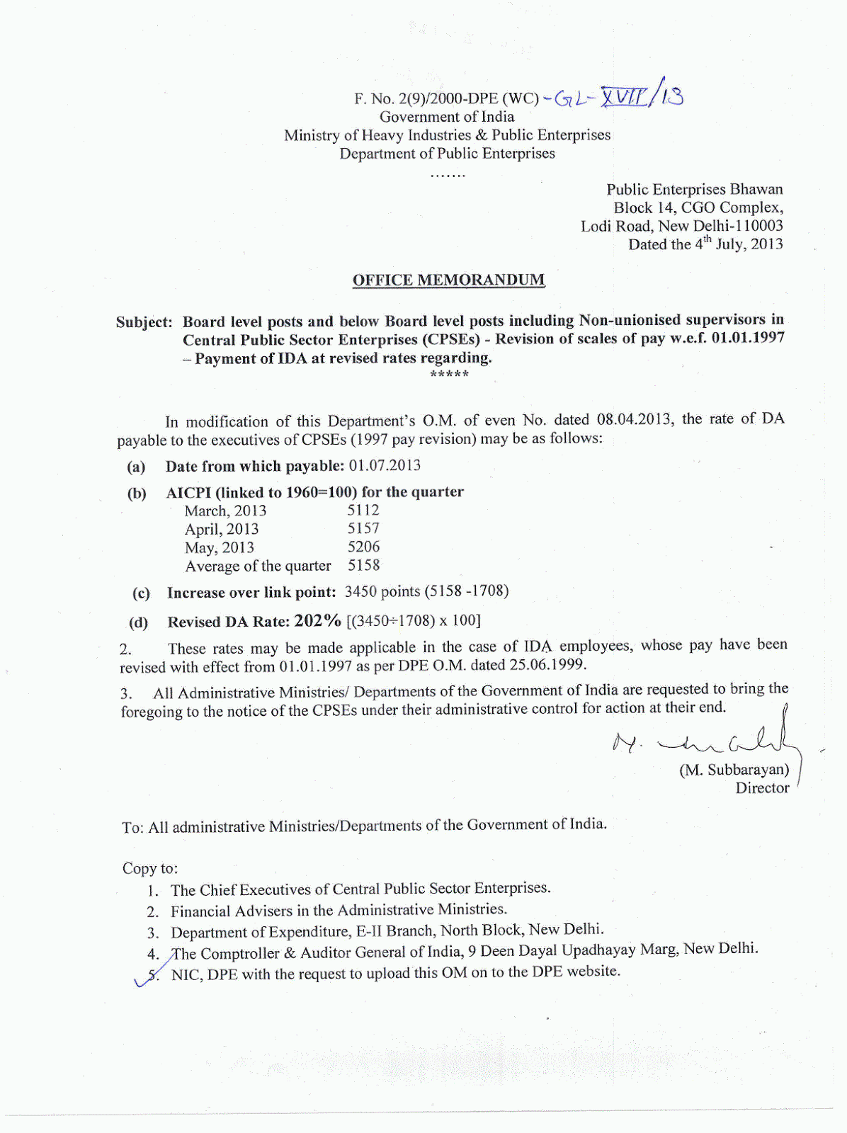 CPSE: Revised DA @ 202% From 1st July, 2013 - Payment Of IDA To Board ...