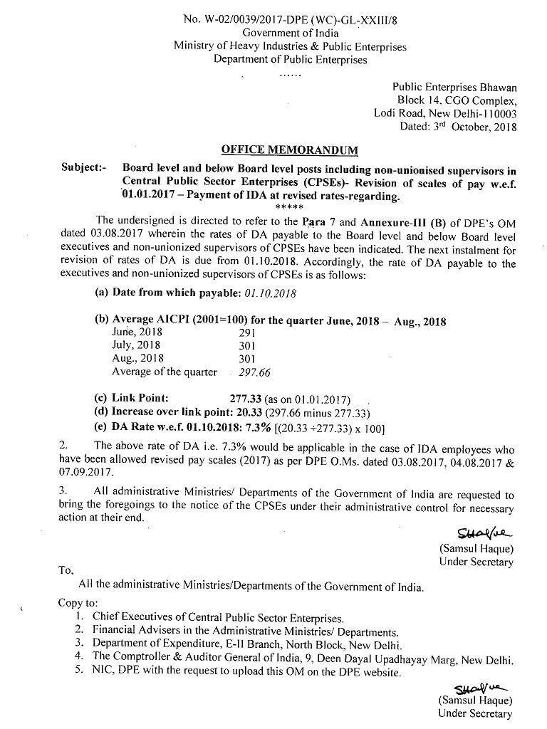 CPSE/BSNL DA from Oct 2018 @ 7.3% – Board level posts including Non ...