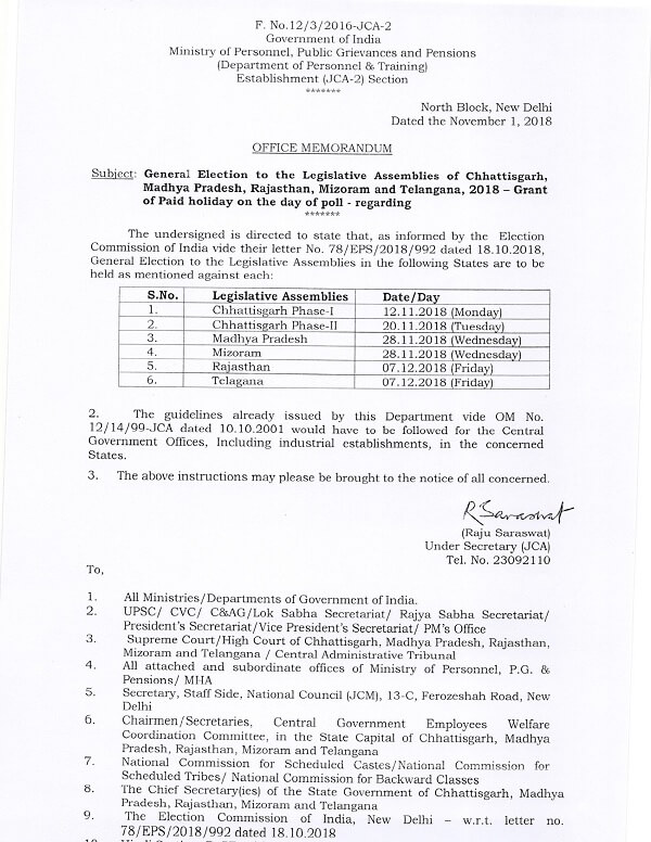 Paid Holiday on Polling Day of Chhattisgarsh, Madhya Pradesh, Rajasthan, Mizoram & Telengana Election, 2018: DoPT Order