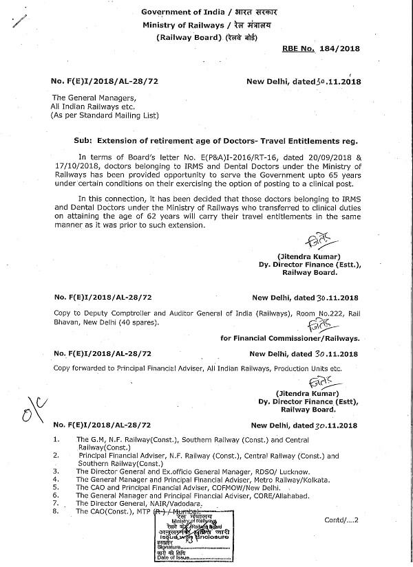 Extension of retirement age of Doctors- Travel Entitlements: Railway Board RBE No. 184/2018