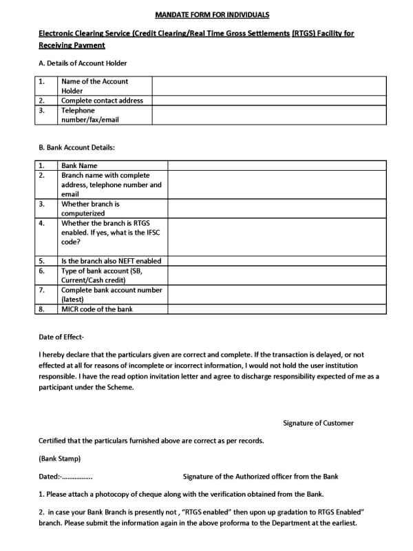 CGHS Mandate Form For Individuals For ECS Facility For Receiving 