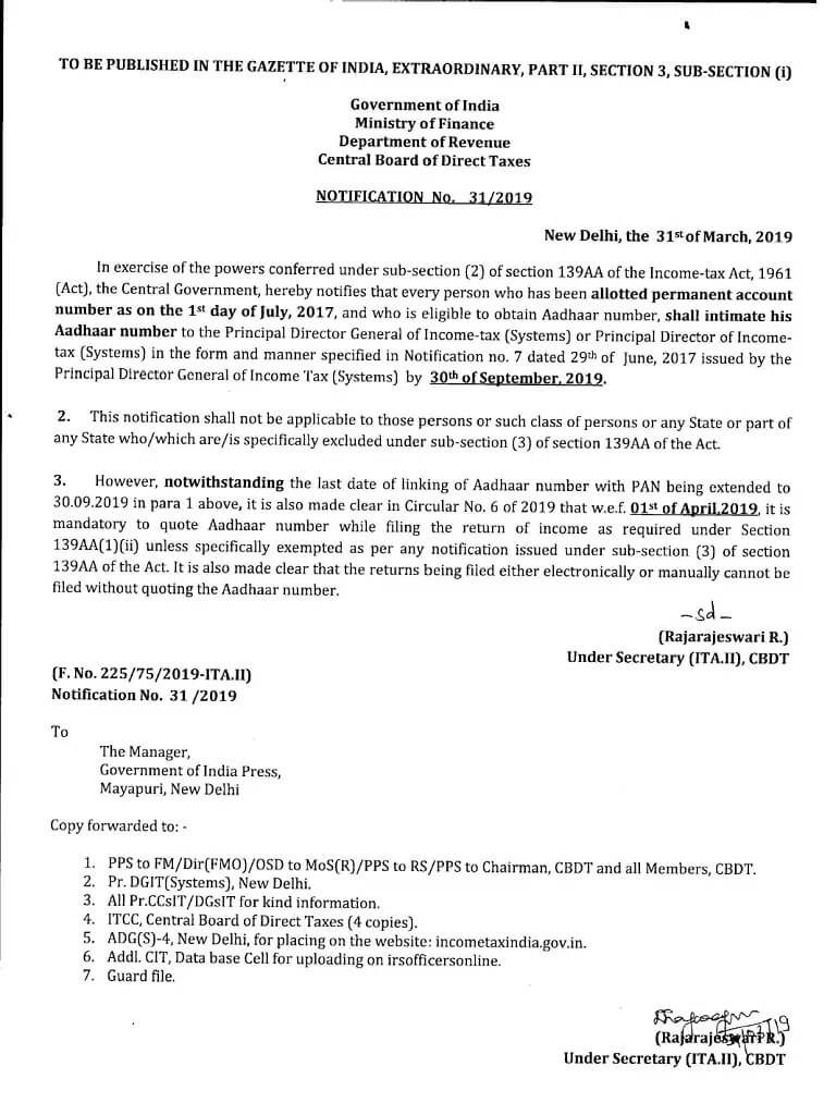 Aadhaar PAN linking: Last date extended up to 30th September 2019 – Mandatory to quote Aadhaar in filing of ITR