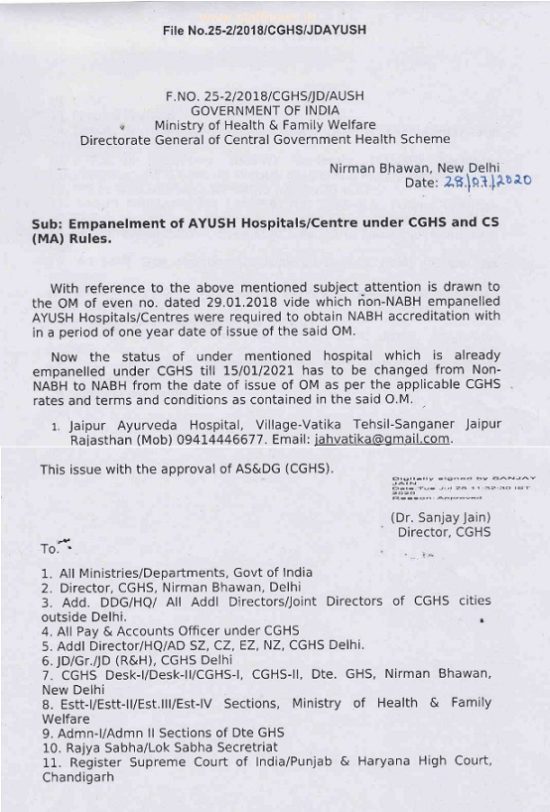 CGHS Empanelment: Change Of Status Of Jaipur Ayurveda Hospital From Non ...