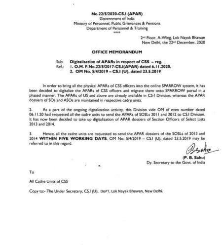 Digitalisation of APARs in respect of CSS: DoPT O.M. dated 22.12.2020 ...