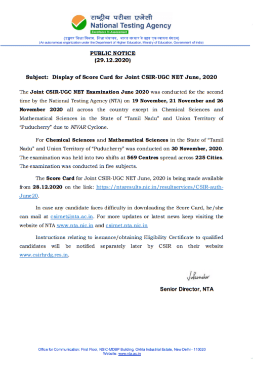 Display Of Score Card For Joint Csir Ugc Net June Nta Public