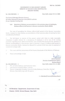 Retention Of Railway Accommodation At The Previous Place Of Posting By Railway Officers Staff Posted To Blw Railway Board Rbe No 116 2020 250x386 