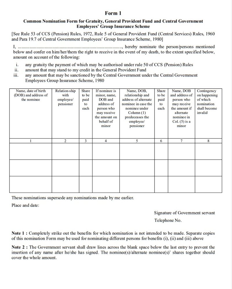 Common Nomination Form For Gratuity GPF And CGEGIS Form 1 StaffNews