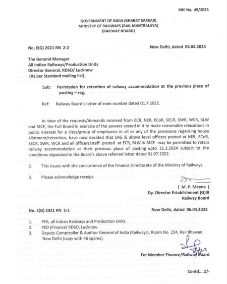 Permission for retention of railway accommodation at the previous place ...