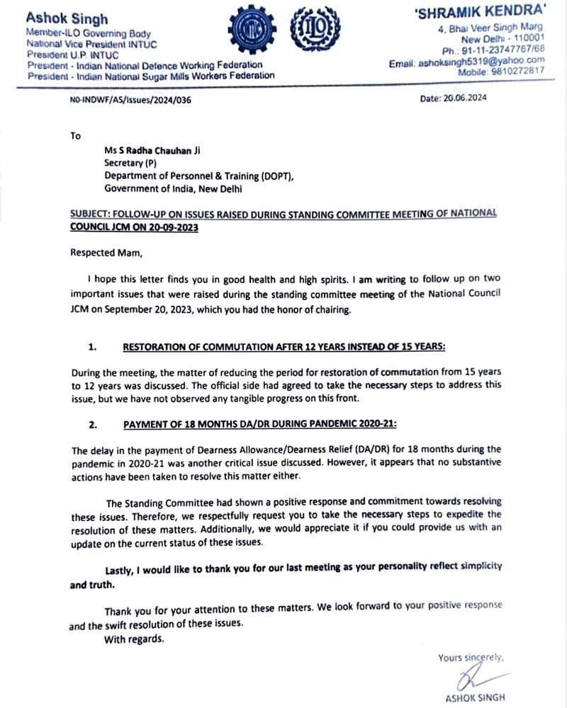 Restoration of Commutation after 12 Years and Payment of 18 Months DA/DR – INTUC writes to Secretary, PesrMin