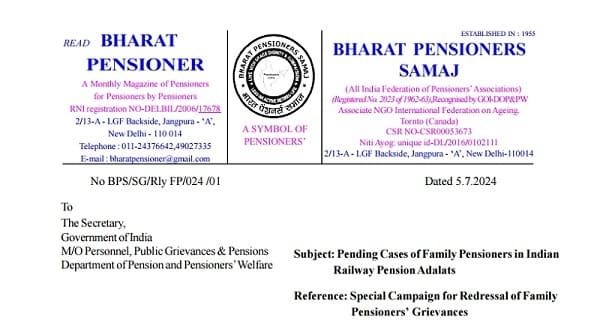 Pending Cases of Family Pensioners in Indian Railway Pension Adalats: BPS writes to DoP&PW