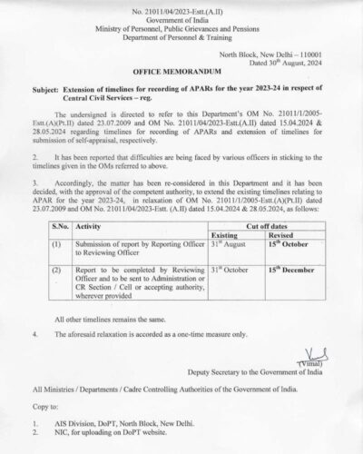 Extension of timelines for recording of APARs for the year 2023-24 in respect of Central Civil Services: DoP&T O.M. dated 30.08.2024