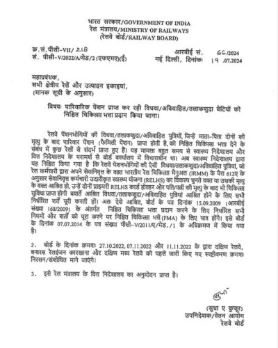 Grant of Fixed Medical Allowance to widowed/ unmarried/divorced daughters in receipt of Family Pension: Railway Board RBE No. 66/2024