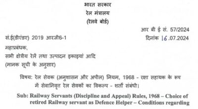 Railway Servants (Discipline and Appeal) Rules, 1968 — Choice of retired Railway servant as Defence Helper — Conditions: RBE No. 57/2024