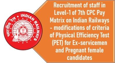 Recruitment of staff in Level-1 on Indian Railways – modifications of criteria of PET for Ex-servicemen and Pregnant female candidates: RBE No. 61/2024