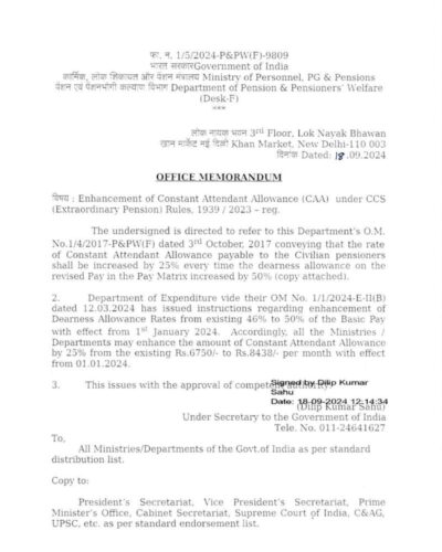 Enhancement of Constant Attendant Allowance (CAA) under CCS (Extraordinary Pension) Rules on account of 50% DA: DoP&PW O.M. 18.09.2024