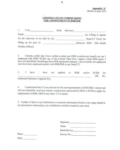 format certificate of undertaking for appointment in rsb zsb