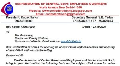 Relaxation of norms for opening up of new CGHS wellness centres and opening of new CGHS wellness centres: Confederation writes to MoH&FW