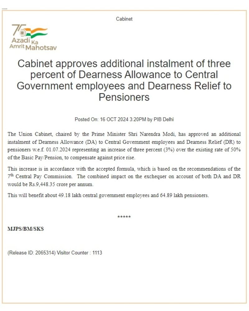 Dearness Allowance and Dearness Relief w.e.f. 01.07.2024 – Cabinet approves additional instalment of three percent: PIB News