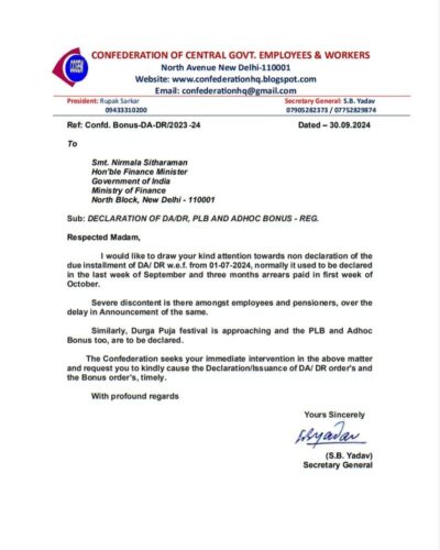 Declaration of DA/DR, PLB and Adhoc Bonus – Confederation writes to Smt. Nirmala Sitharaman, Finance Minister for immediate intervention