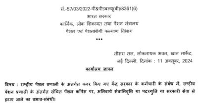 अनिवार्य सेवानिवृत्ति या पदच्युति या सरकारी सेवा से हटाए जाने का राष्ट्रीय पेंशन प्रणाली के अंतर्गत संचित पेंशन कॉर्पस पर प्रभाव-संबंधी: DoP&PW का दिनांक 11.10.2024 का कार्यालय ज्ञापन