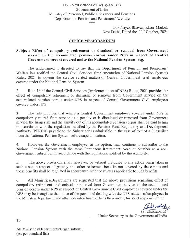 Effect of compulsory retirement or dismissal or removal from Government service on NPS Corpus: DoP&PW O.M. dated 11.10.2024