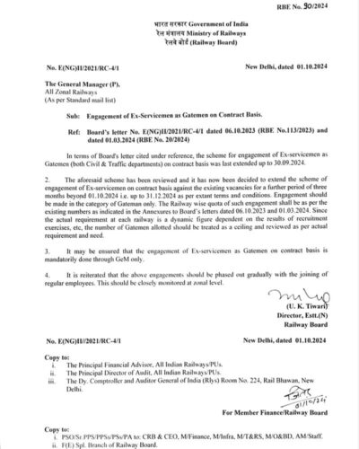 Engagement of Ex-Servicemen as Gatemen on Contract Basis: Railway Board Order RBE No. 90/2024