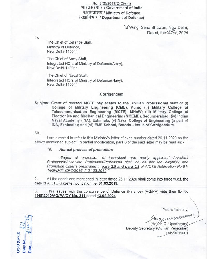 Grant of revised AICTE pay scales to the Civilian Professional staff of CME, MCTE, MCEME, INA, EME School – Issue of Corrigendum: MoD Order