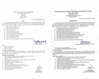 Rate of Interest on GPF and other similar funds for Q3 of FY 2024-2025 Oct-Dec, 2024: FinMin Resolution