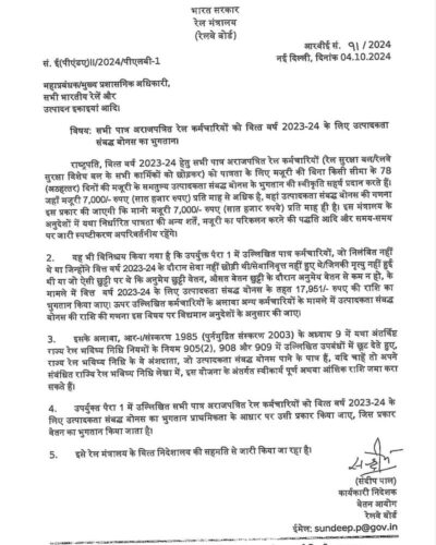 Payment of Productivity Linked Bonus to all eligible non-gazetted Railway employees for the financial year 2023-24: RBE No. 91/2024