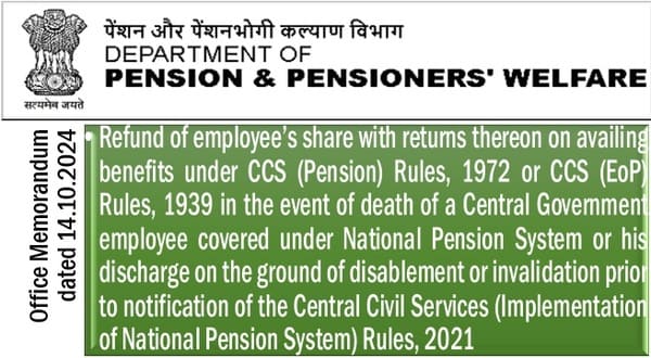 Refund of employees share of NPS with returns in the event of death or discharge on their disablement or invalidation prior to notification of the CCS(Implementation of NPS) Rules, 2021